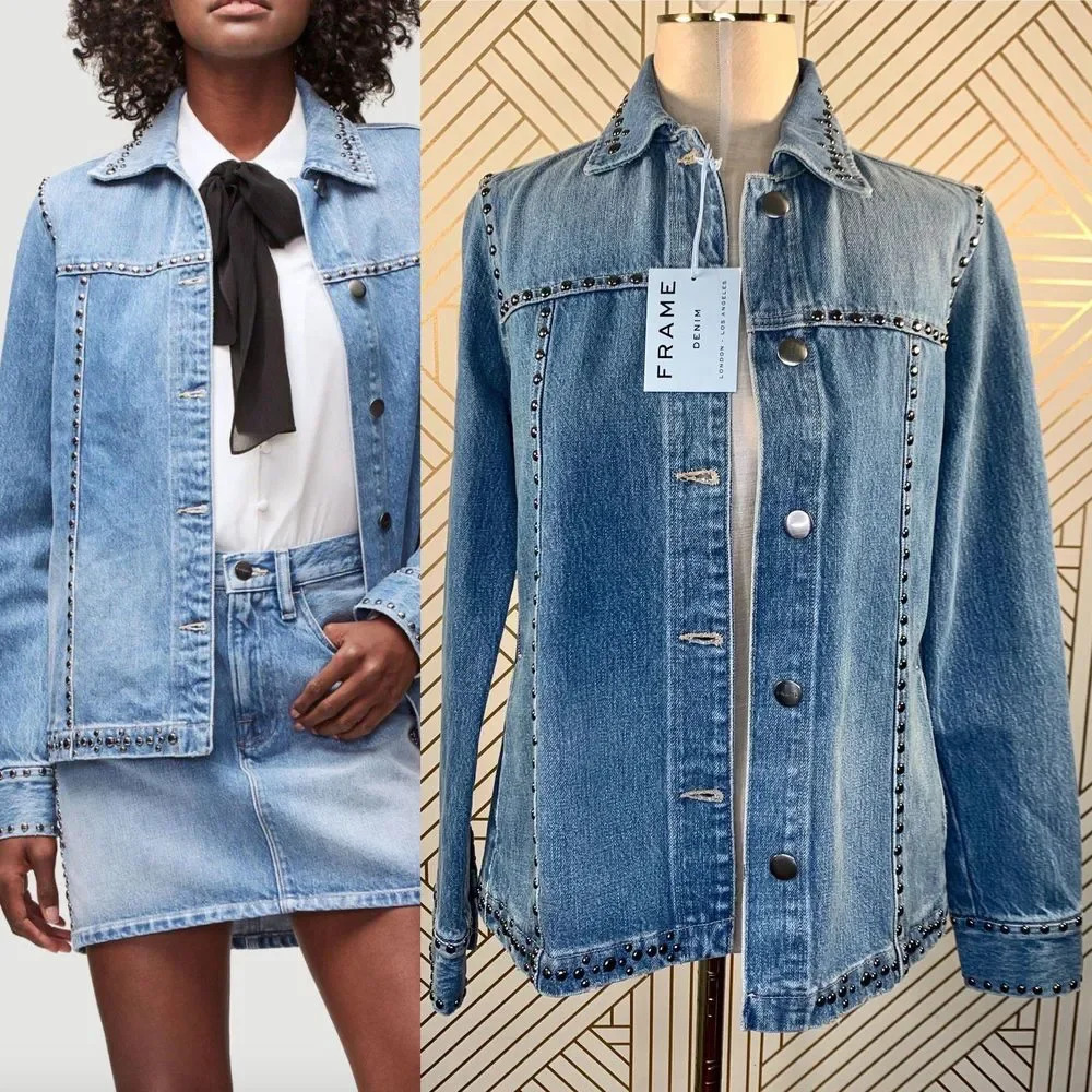 Frame Le Studded Motif Jenning Blue Denim Jacket - Picture 2 of 12